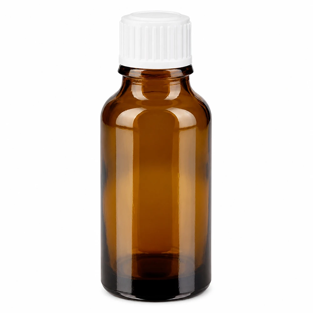 Lékárenská láhev hnědá 20ml kapací uzávěr bílý 0,8mm standardní Medizinische Tropfflasche Braunglas 20ml für ätherische Öle und Pharmazeutika