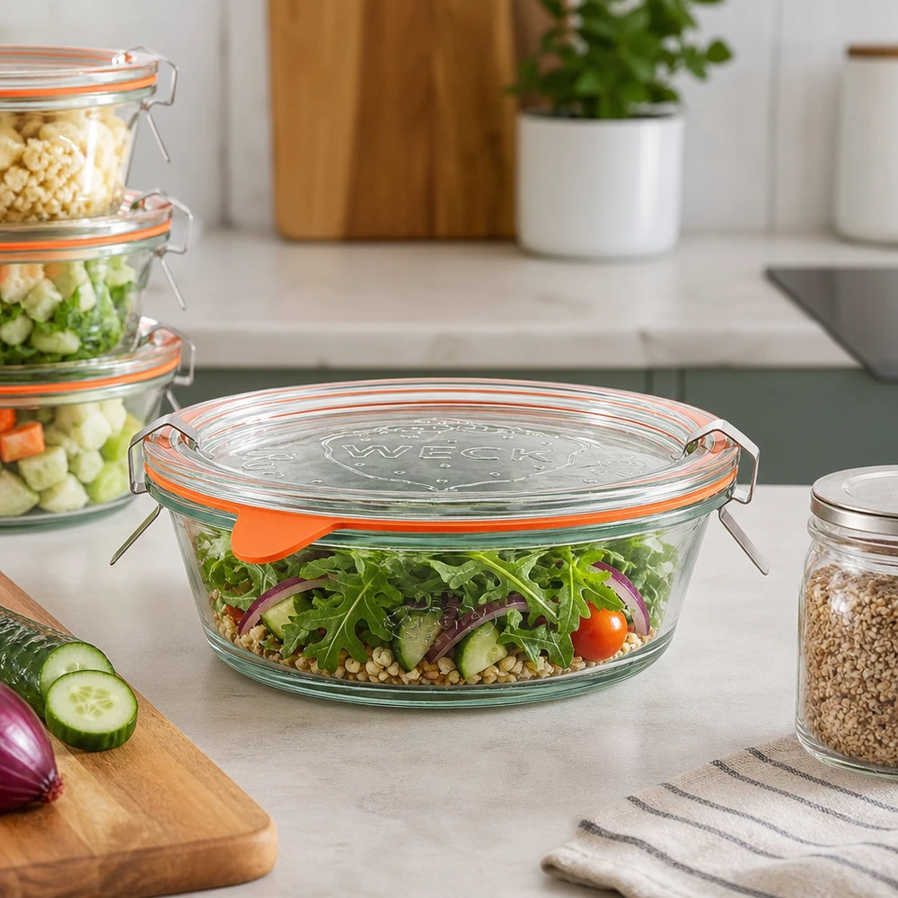 Kompletní zavařovací sklenice WECK RR120 o objemu 300 ml pro labužníky. WECK Gourmetglas 300ml RR120 mit frischem Salat gefüllt auf Küchenarbeitsplatte, Meal Prep Container aus Glas