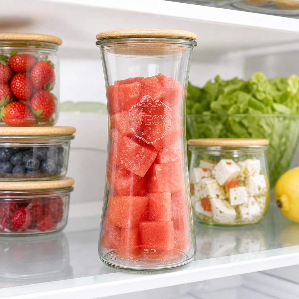 700ml lahůdková zavařovací sklenice WECK RR80 s dřevěným víčkem. WECK Vorratsglas 700ml RR80 gefüllt mit Wassermelone im Kühlschrank zwischen frischen Beeren und Salat