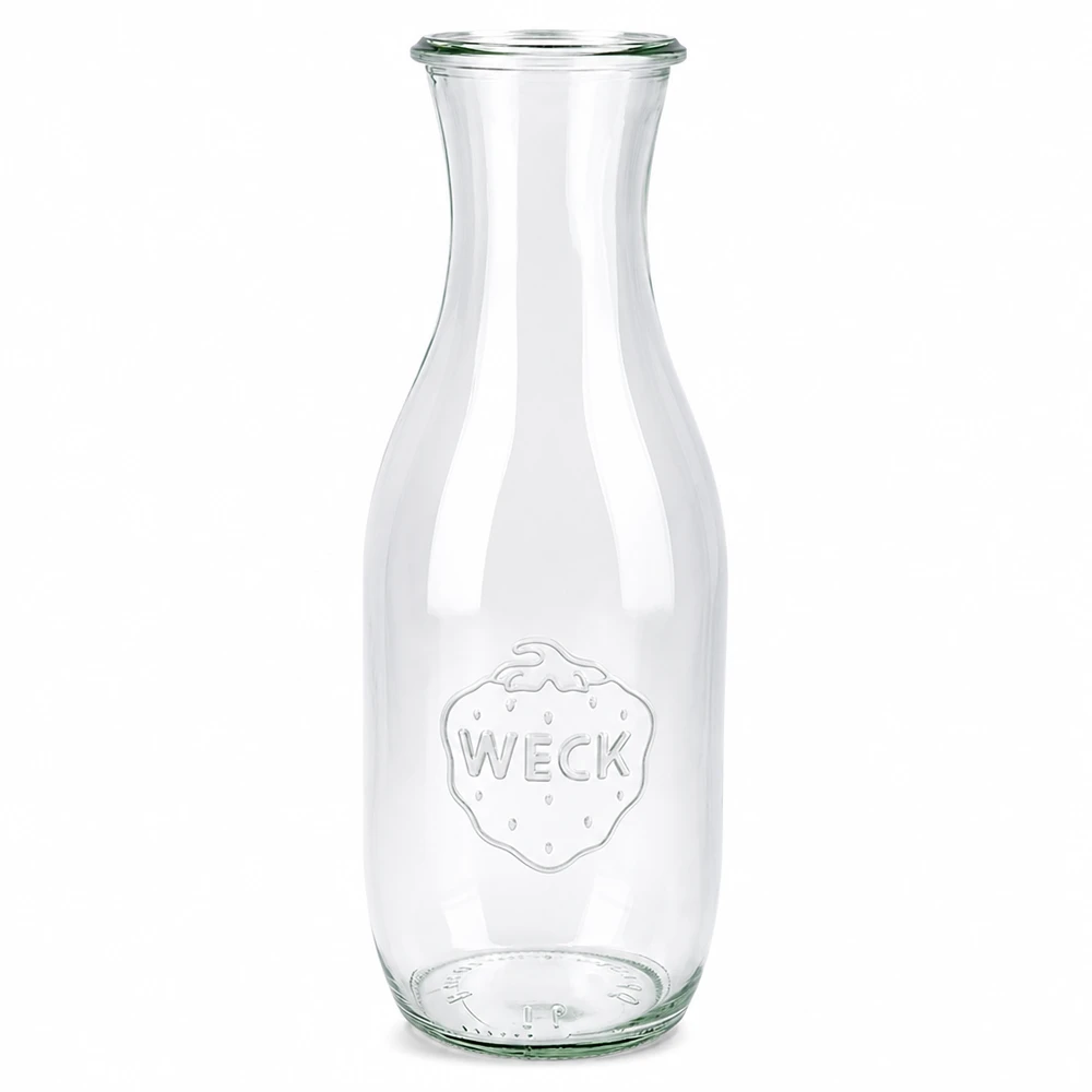 1062ml láhev na šťávu WECK RR60 s dřevěným dřevem. WECK Saftflasche 1062ml RR60 aus klarem Glas mit eingeprägtem Logo und breiter Öffnung für Säfte und Getränke