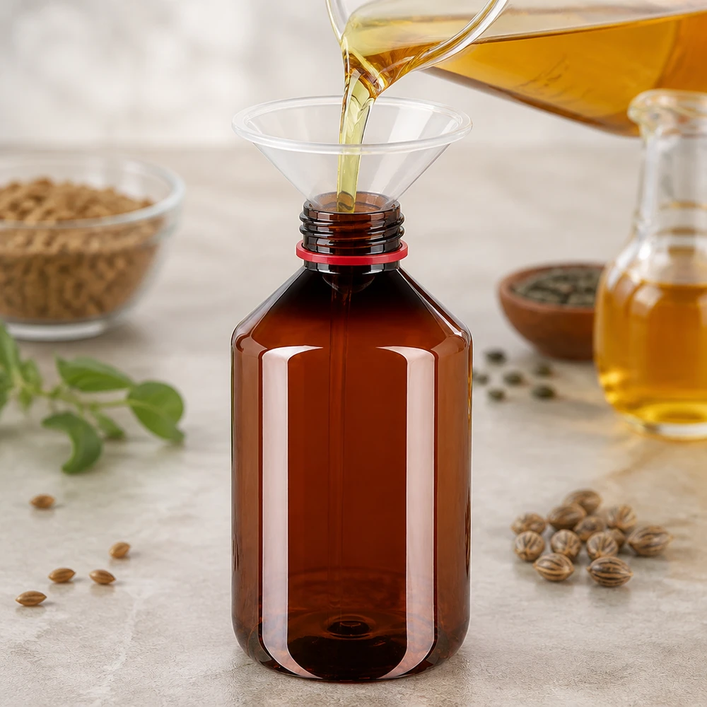 Jantarově zbarvená PET láhev o objemu 500 ml s nálevkou při plnění zlatým rostlinným olejem