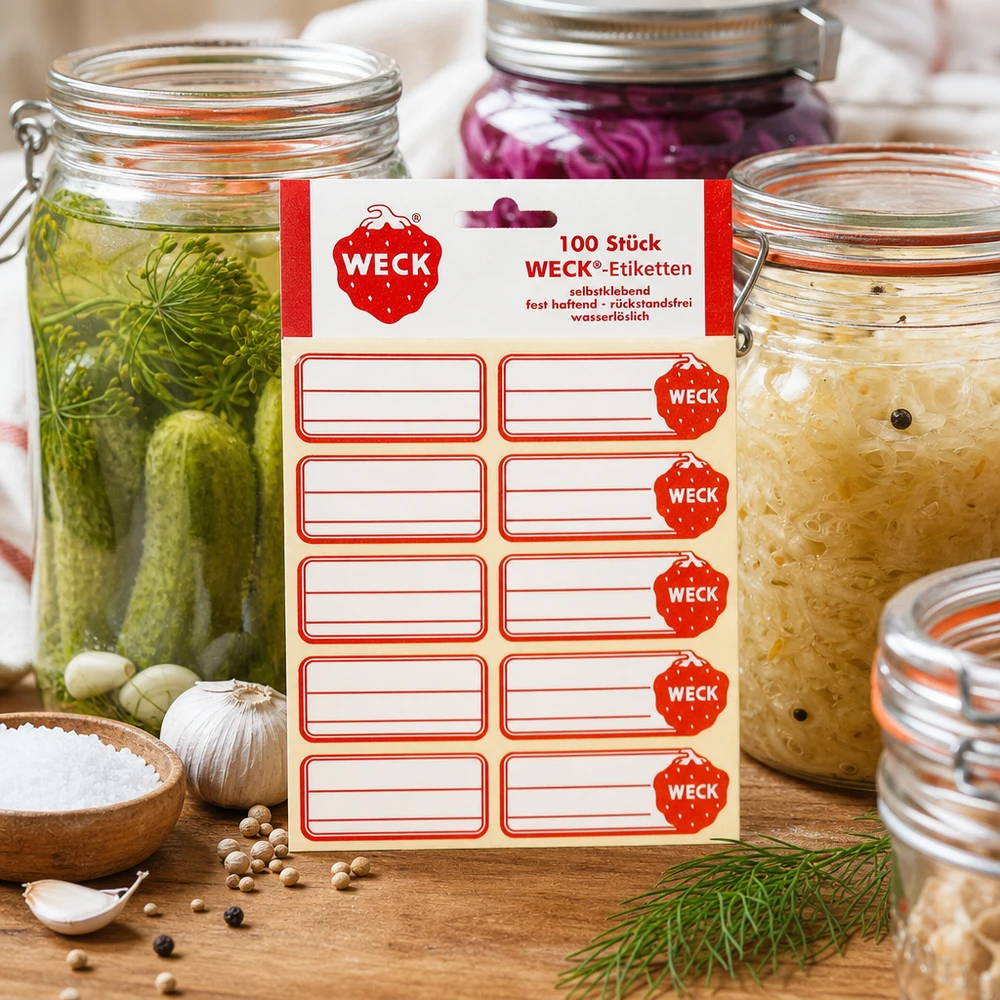WECK Etiketten 100 Stück Pack zwischen eingelegten Gurken Sauerkraut Konserven mit Dill Knoblauch Gewürzen Küche