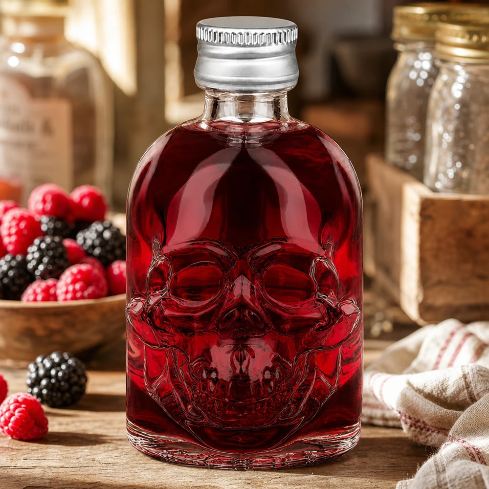50ml Glasflasche "Hector" + Schraubverschluss silber UNiTWIS 50ml Glasflasche Hector mit roter Beerenliqueur-Füllung zwischen Himbeeren und Brombeeren in rustikaler Küche