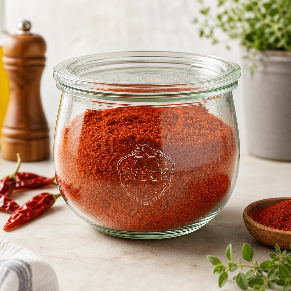 580ml tulipánová sklenice se skleněným víčkem WECK RR100 WECK Tulpenglas 580ml RR100 mit rotem Paprikapulver gefüllt als stilvolle Gewürz-Aufbewahrung in der Küche
