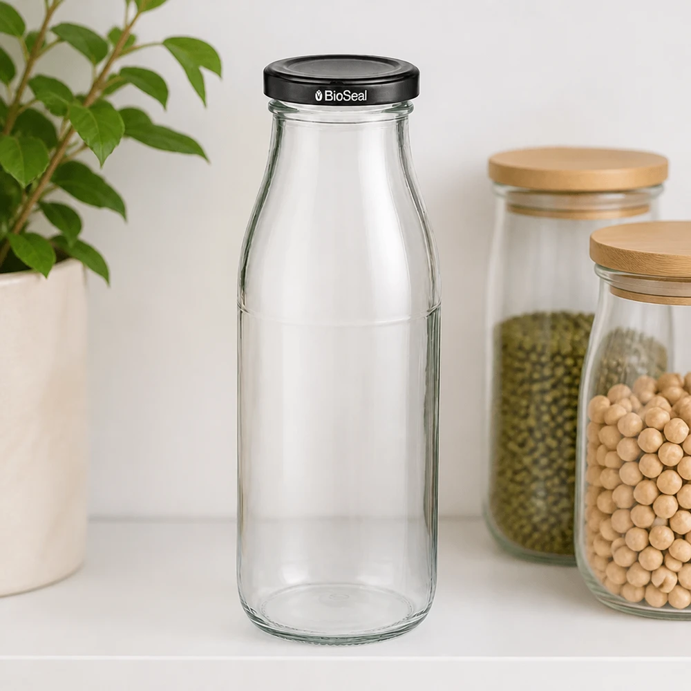 500ml skleněná láhev + víčko BioSeal černé UNiTWIST 500ml Glasflasche mit schwarzem BioSeal Deckel in Küchenumgebung neben Vorratsgläsern mit Hülsenfrüchten und Pflanze
