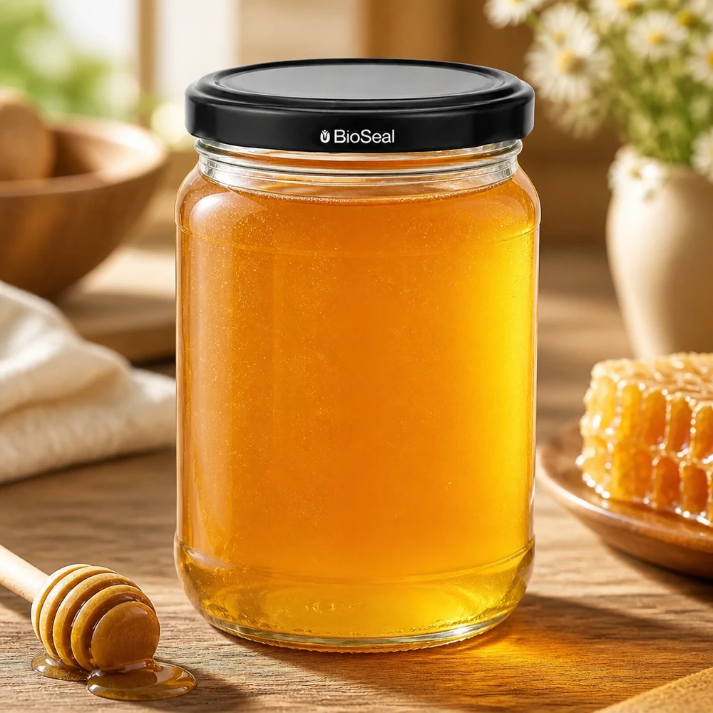 Kulatá nádoba o objemu 305 ml + víčko BioSeal černé UNiTWIST. UNiTWIST Runda305 Einmachglas mit Honig befüllt und schwarzem TO63 BioSeal Deckel neben Honiglöffel auf Holztisch