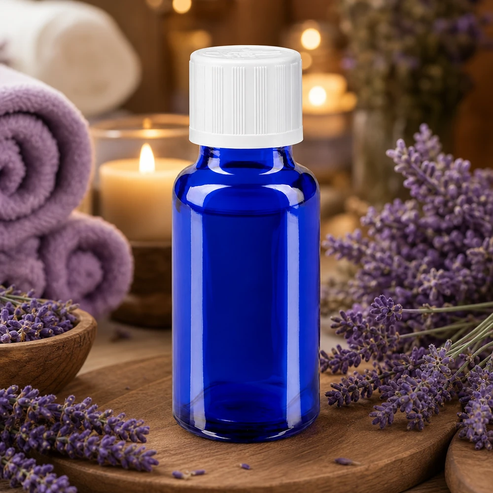 Lékárenská lahvička modrá 20ml šroubovací uzávěr bílý standard odolný proti otevření dětmi. Blauglas Flakon 20ml mit weißem KiSi Verschluss für ätherische Öle und Naturkosmetik