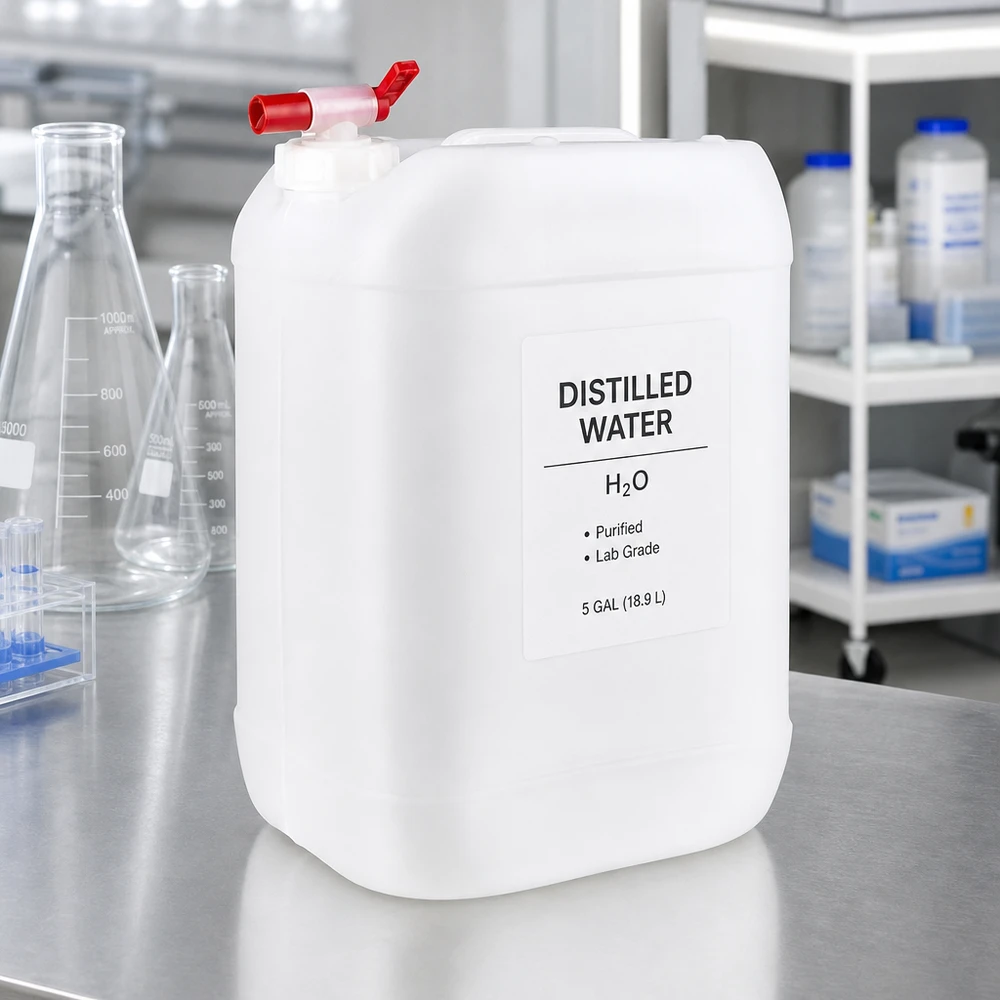 Kanystr 25 litrů s vypouštěcím kohoutkem 25 Liter Kanister mit Auslaufhahn für gereinigte Laborflüssigkeiten in Laborumgebung
