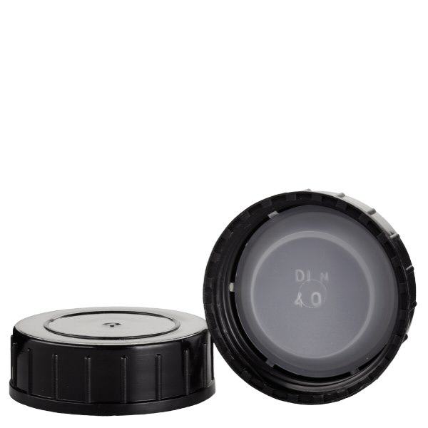 Šroubovací uzávěr černý z polypropylenu N 40mm (DIN 40). Šroubovací uzávěr černý z polypropylenu N 40mm (DIN 40).