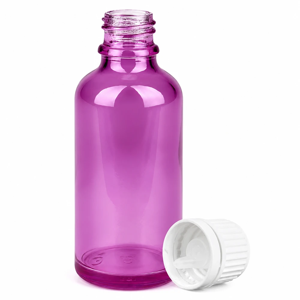 Durchsichtige lila 50ml Flasche mit weißem OV Verschluss für kontrollierte Flüssigkeitsabgabe