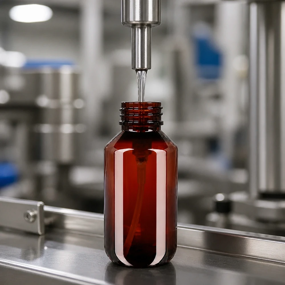 PET láhev 200ml s dávkovací pumpičkou bílá Lichtschutzflasche 200ml aus PET-Kunststoff beim industriellen Abfüllvorgang mit Edelstahlanlage