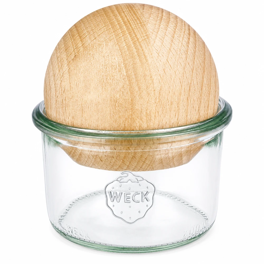 WECK Sturzglas 200ml RR80 mit Holzkugel Buche als Deckel, klares Glas mit WECK Logo, nachhaltiges Aufbewahrungsglas
