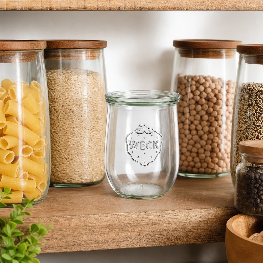 WECK Tulpenglas 1062ml Vorratsorganisation Küchenschrank Pantry mit Pasta Reis Hülsenfrüchten gefüllt Holzregal