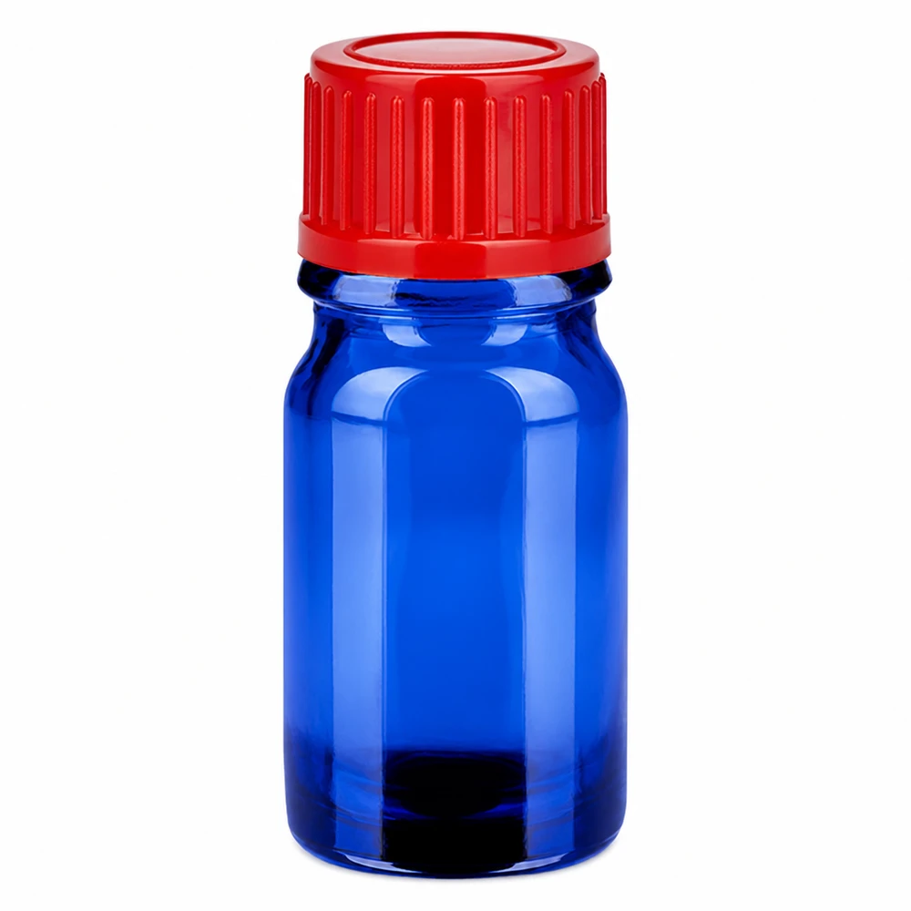 5ml láhev 11mm šroubovací uzávěr červená Standard BlueLine UT18/5 Hochwertige 5ml Glasflasche in Blau mit rotem 11mm Verschluss für Laborbereich