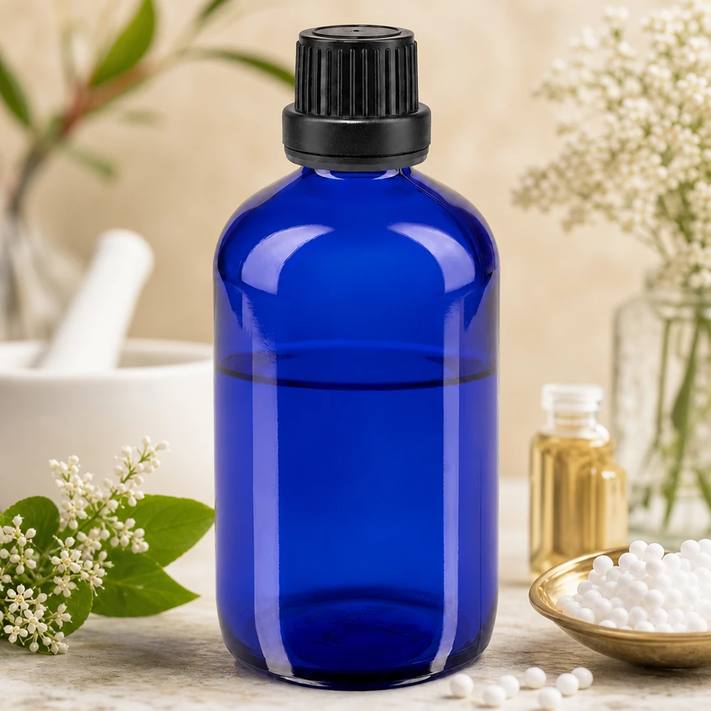Lékárenská láhev modrá 100ml šroubovací uzávěr černý tamper evident uzávěr. Blaue Apothekerflasche 100ml mit Sicherheitsverschluss zwischen weißen Blüten und Ölen