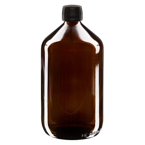 1000ml lahvička na léky hnědá, uzávěr černý s kroužkem proti neoprávněné manipulaci ApoGlas. 1000ml lahvička na léky hnědá, uzávěr černý s kroužkem proti neoprávněné manipulaci ApoGlas.