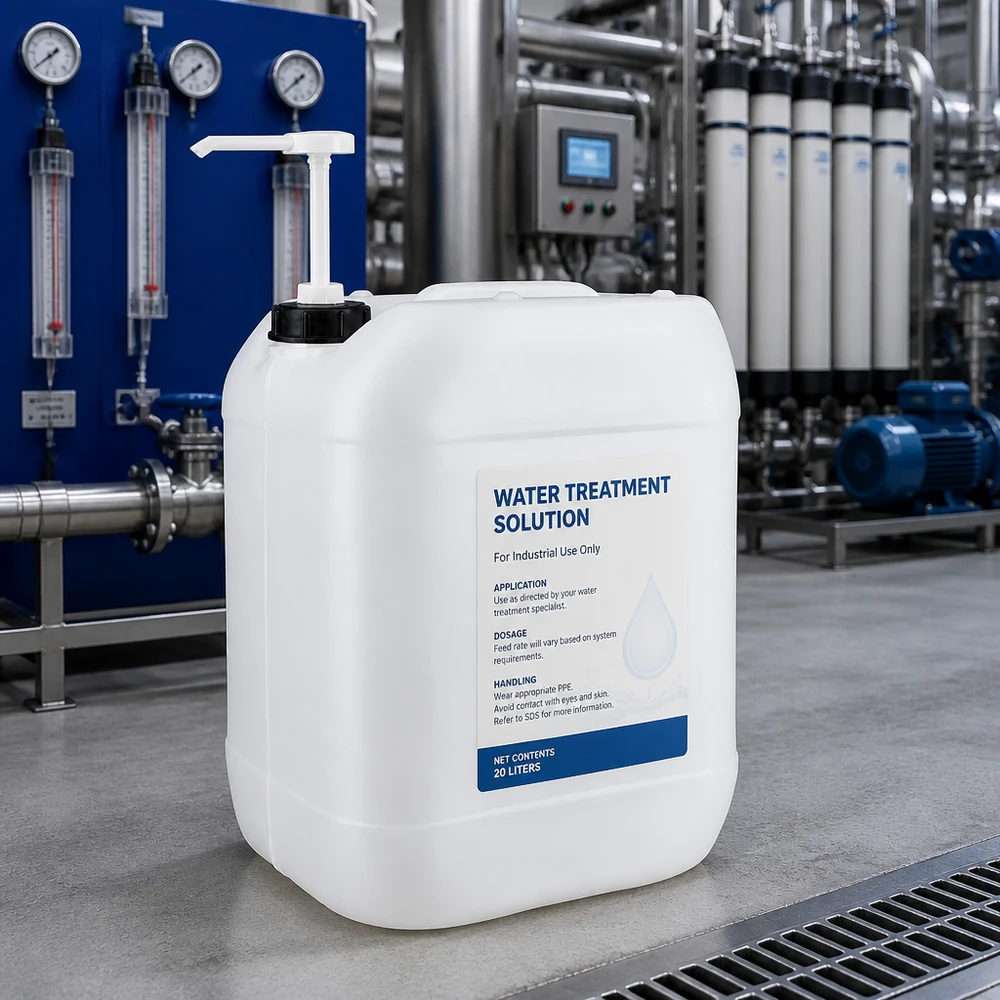 Kanystr o objemu 20 litrů s dávkovacím čerpadlem Großkanister 20 Liter mit weißer Pumpe und blauem Produktetikett auf Betonboden