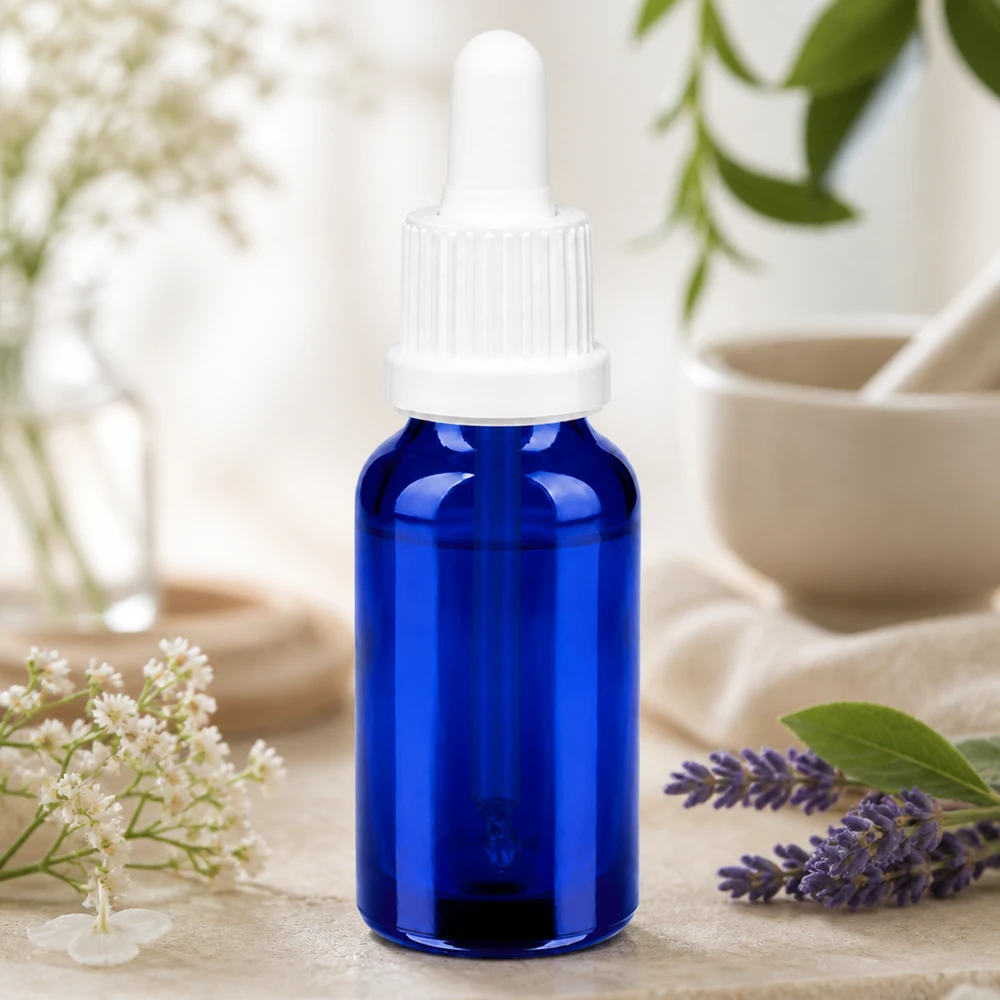 20ml pipetovací láhev bílá s tamper-evidentním uzávěrem BlueLine UT18/20 Elegante 20ml Glasflasche in tiefblau mit funktionaler Tropfvorrichtung für Kosmetika
