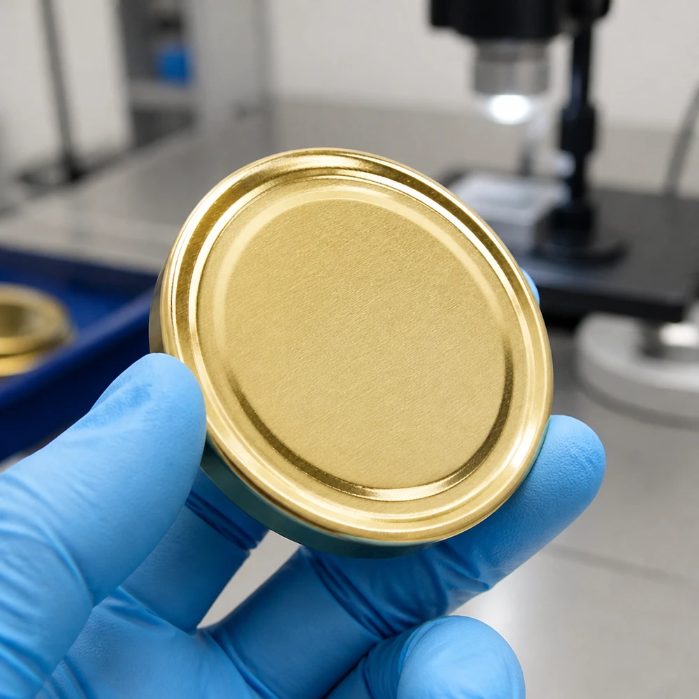 Laboratorní testování zlatého víčka BasicSeal TO100 o průměru 100 mm typu UniTwist s modrou jednorázovou rukavicí