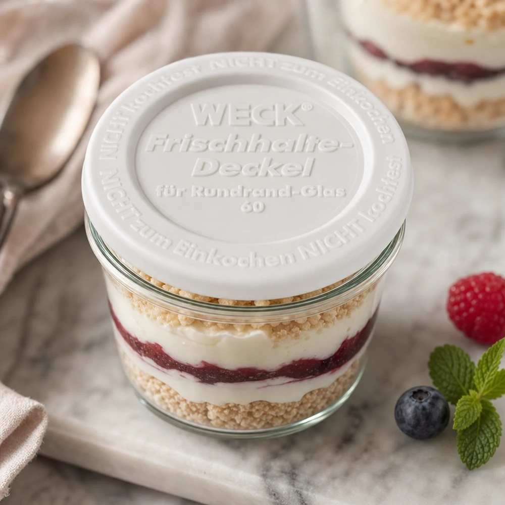 Víko na zavařování WECK RR60 WECK Frischhaltedeckel RR60 Dessertglas Schichtdessert Tiramisu Beeren Mint dekorative Präsentation Küchenstil