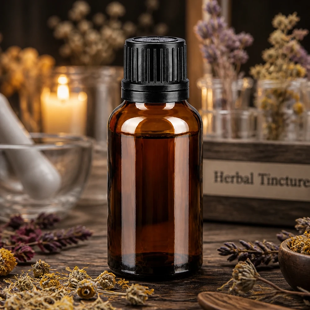 Lékárenská lahvička hnědá 20ml kapátko s nalévacím kroužkem 1mm černý uzávěr s ochranou proti manipulaci. 20ml braune UV-Schutz-Tropfflasche mit Schwarzdeckel für Aromatherapie und Naturkosmetik