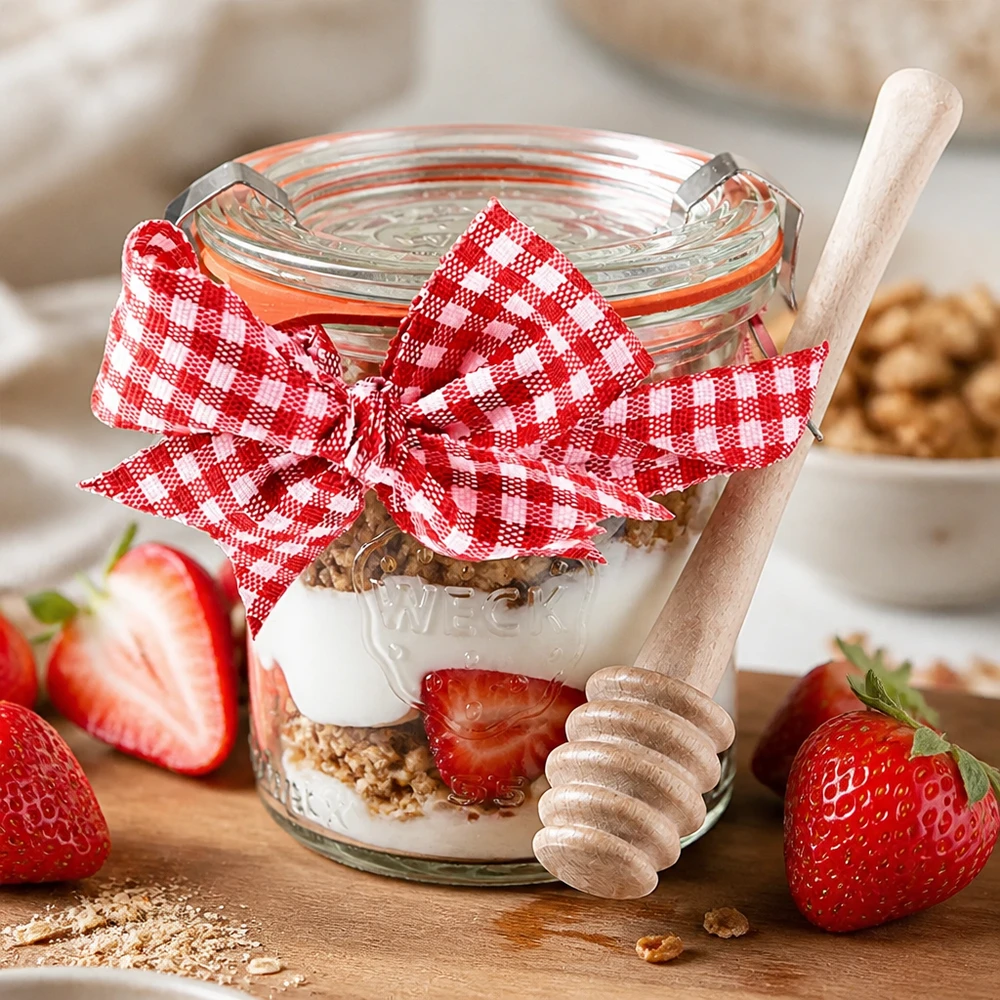 WECK Mini Sturzglas 140ml Joghurt Müsli Erdbeeren geschichtet Dessert Honiglöffel Holz Vichy Schleife rot weiß