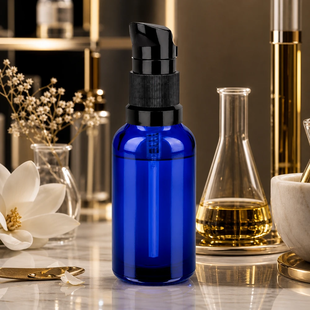 30ml lahvička s pumpičkou černá standardní uzávěr BlueLine UT18/30 Stilvolle Glasflasche 30ml mit schwarzem Pumpmechanismus für hochkonzentrierte Wirkstoffe