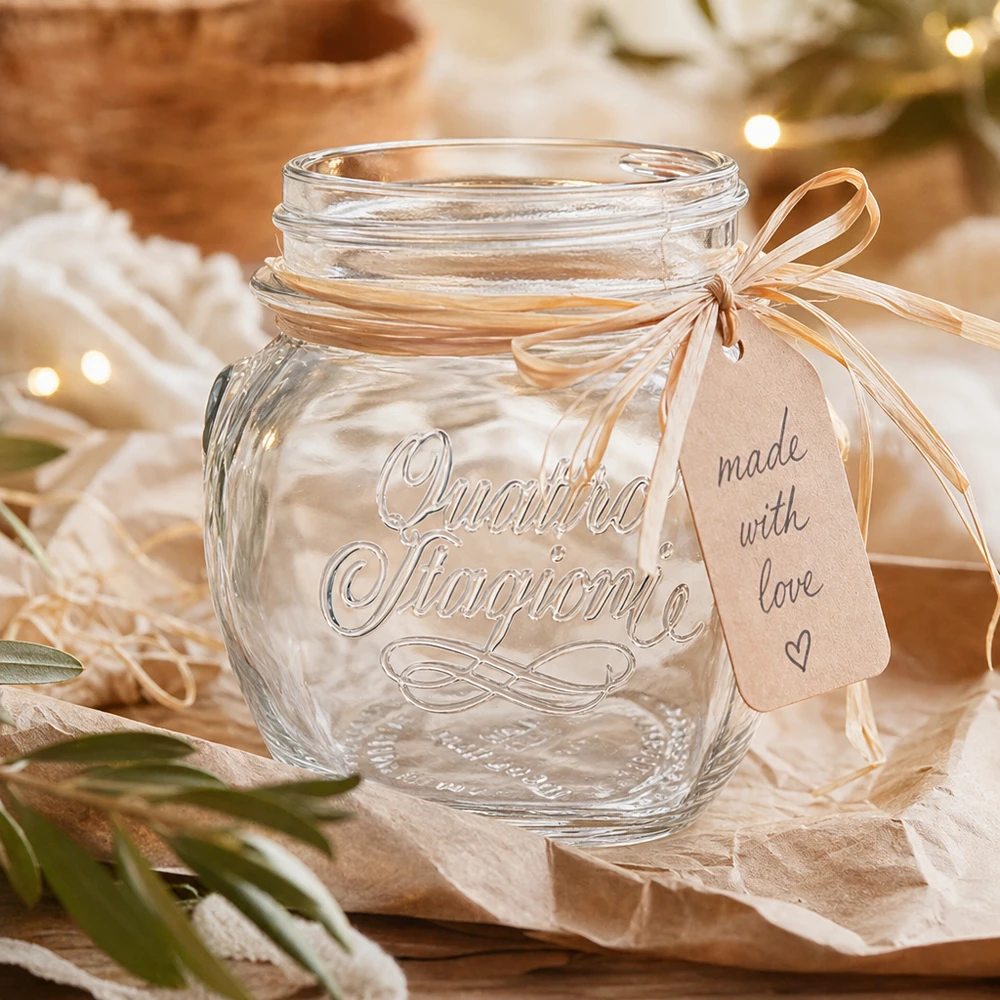 300ml Quattro Stagioni Haushaltsglas mit Deckel und Schleife als Geschenkverpackung auf Holztisch