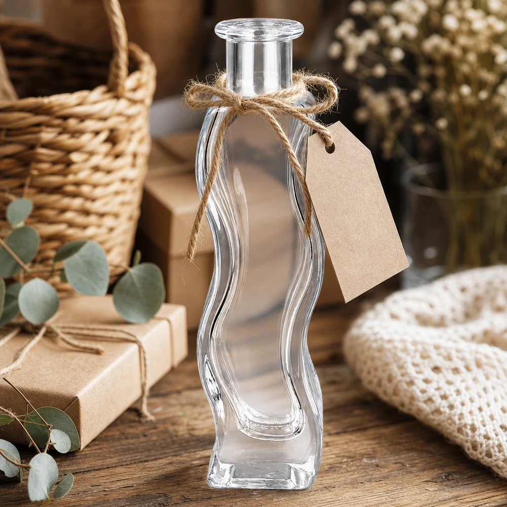 Glasflasche Melissa 100ml mit Kraftpapier-Anhänger und Juteschnur dekoriert in rustikalem Ambiente mit Eukalyptus