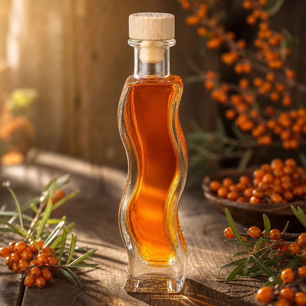 100ml Glasflasche "Melissa" mit Holzgriff-Korken UNiTWIST Glasflasche Melissa 100ml mit Sanddornöl gefüllt zwischen Sanddornzweigen natürliche Dekoration Holzkorken