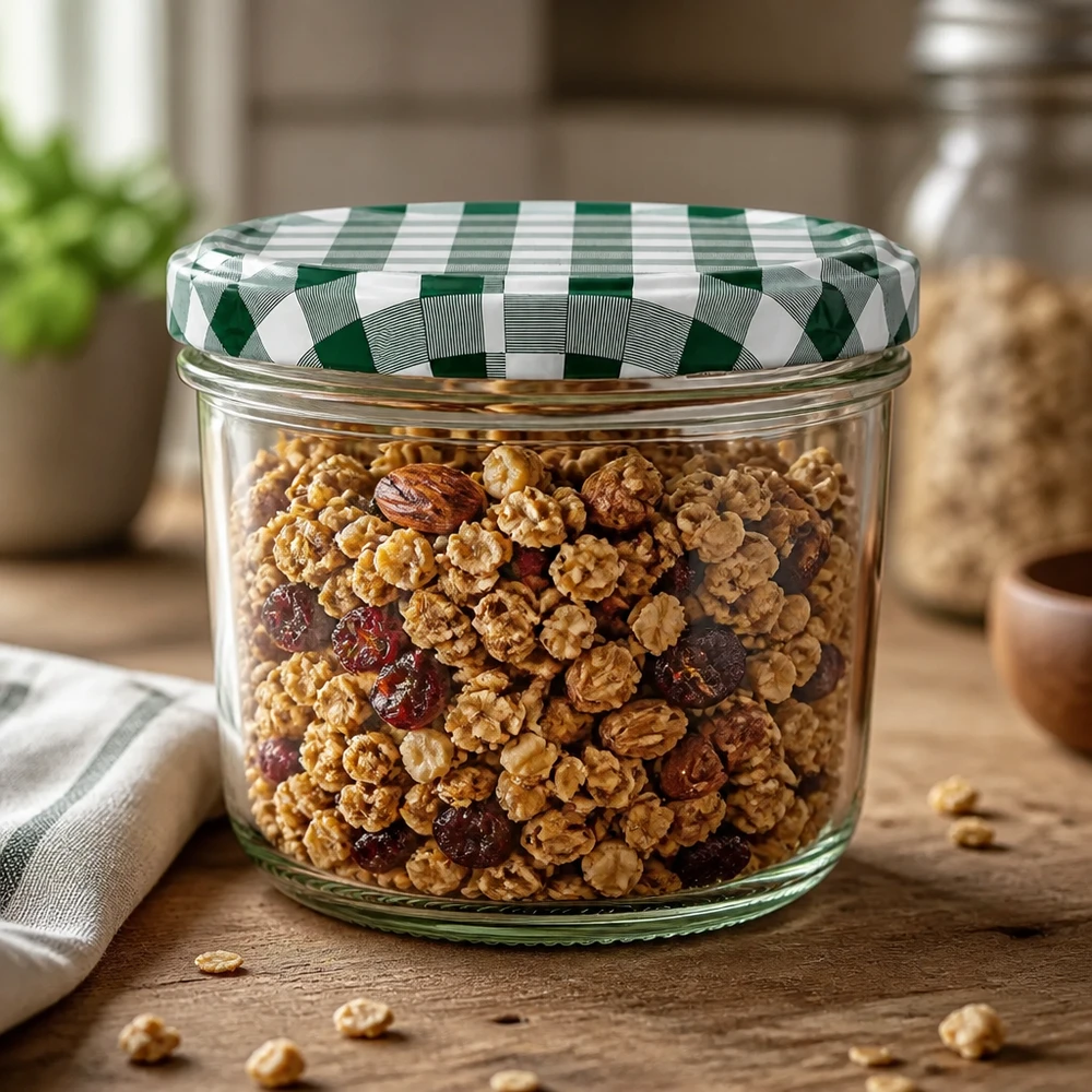 Sturzglas 230ml mit Müsli Nüssen gefüllt BasicSeal Deckel grün-weiß kariert Vorratsglas Küche Holztisch