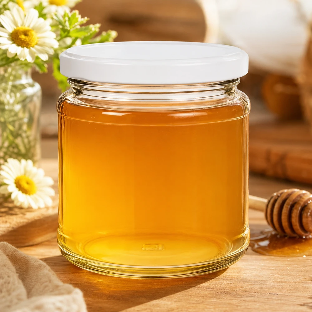 212ml kulatá sklenice s víčkem BasicSeal bílá UNiTWIST 212ml Rundglas mit BasicSeal Deckel gefüllt mit goldenem Honig neben Honiglöffel und Blumen auf Holzuntergrund