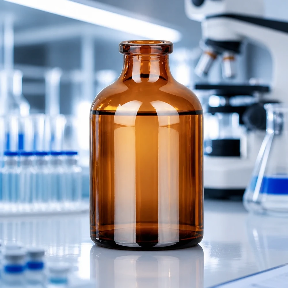 Injekční lahvička z jantarového skla 50ml Sterile Braunglas Injektionsflasche 50ml mit zylindrischem Körper und eingezogenem Hals