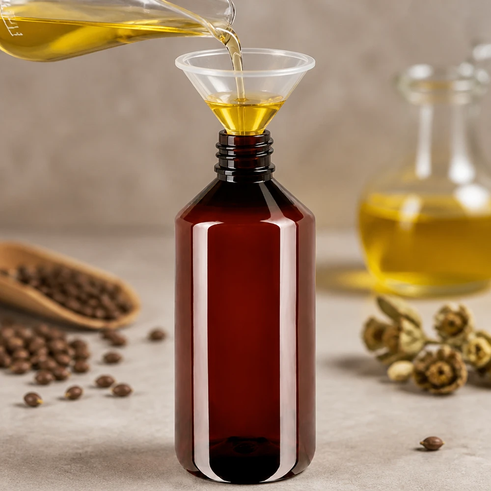 PET láhev 1000ml se standardním bílým uzávěrem s pojistkou proti manipulaci Jantarově zbarvená 1l plastová láhev s nálevkou při plnění žlutým rostlinným olejem