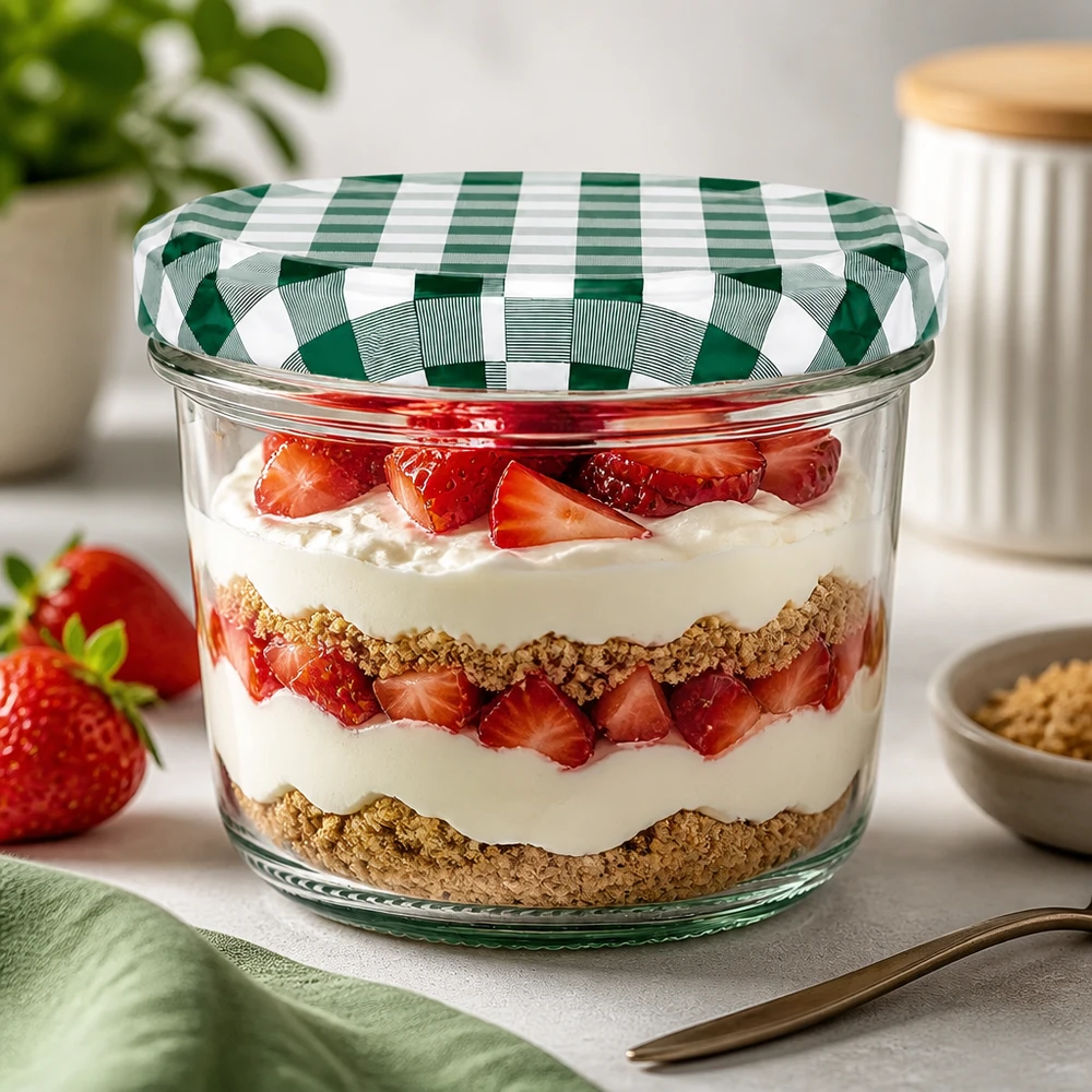 230ml kelímky + víčko BasicSeal zelené/bílé UNiTWIST Sturzglas 230ml Dessertglas Erdbeertrifle Schichtdessert BasicSeal Deckel grün-weiß kariert Nachspeise Küche