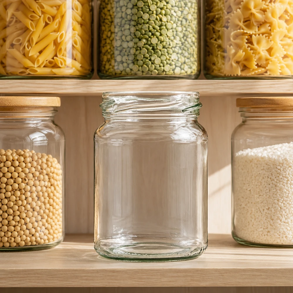 Kulatá sklenice o objemu 205 ml bez víčka (TO58) UNiTWIST UNiTWIST Runda205 Rundglas 205ml TO58 leeres Einmachglas in Küche mit gefüllten Vorratsgläsern Pasta Linsen Reis