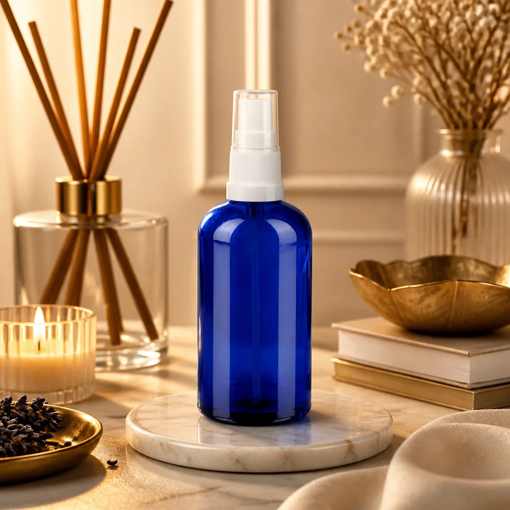 Hochwertige blaue Glasflasche 100ml mit Sprühfunktion perfekt für selbstgemachte Beauty-Produkte