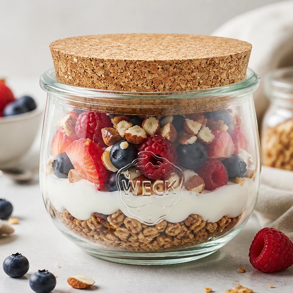 580ml tulipánová sklenice WECK RR100 s korkem přírodní WECK Tulpenglas 580ml mit Korkdeckel als Müsliglas mit Joghurt Beeren und Nüssen befüllt Frühstück im Glas