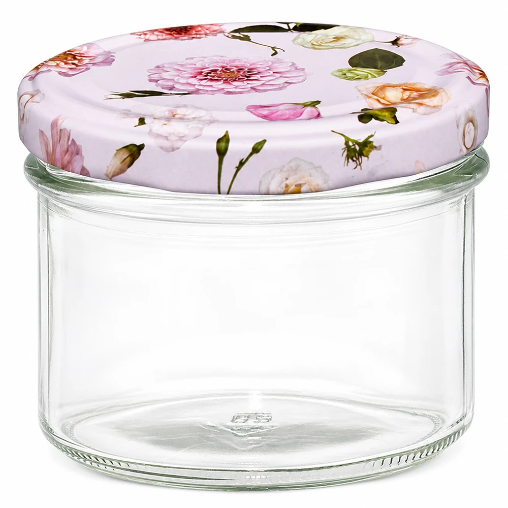 225ml Sturzglas mit rosa Blumen BasicSeal Deckel - leeres Einmachglas für Marmelade und Konserven