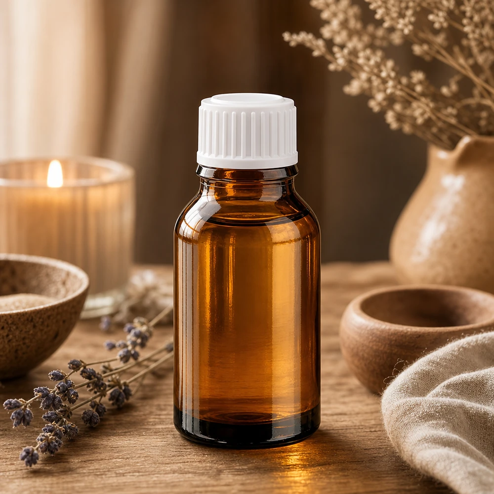 Lékárenská láhev hnědá 15ml kapátko bílé 0,8mm standardní ks. Pharmaglas Flasche braun 15ml mit weißem Tropfverschluss neben Lavendel und Kerze