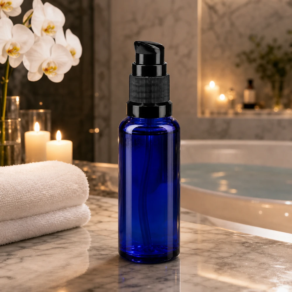 Lékárenská láhev modrá 30ml pumpovací uzávěr černý standardní Zylindrische 30ml Flasche in Kobaltblau mit schwarzem Pumpmechanismus aus ApoGlas