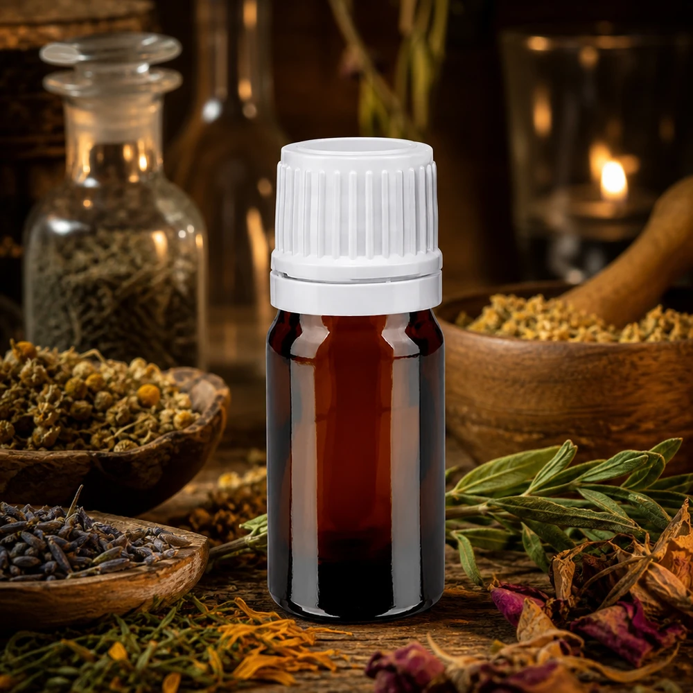 Lékárenská láhev hnědá 5ml se šroubovacím uzávěrem bílá s ochranným uzávěrem proti manipulaci. Dunkle Tropfflasche 5ml mit weißem 11mm Verschluss ideal zur Aufbewahrung von Pflanzenauszügen