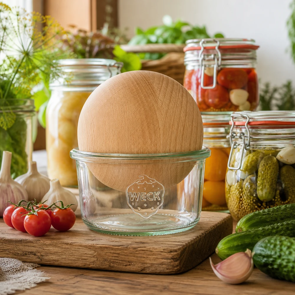 Skleněná nádoba 165ml WECK RR80 s dřevěnou kuličkou buk. WECK Sturzglas RR80 165ml mit Buche-Holzkugel in rustikaler Küche zwischen Einmachgläsern und frischem Gemüse