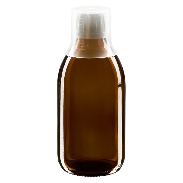 250ml lahvička na léky hnědá, uzávěr s pojistkou proti manipulaci s dávkovacím kalíškem 30ml ApoGlas 250ml lahvička na léky hnědá, uzávěr s pojistkou proti manipulaci s dávkovacím kalíškem 30ml ApoGlas