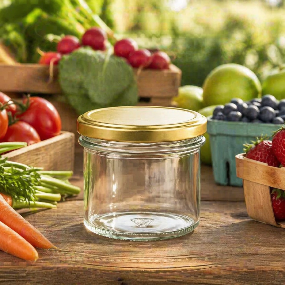 125ml Sturzglas mit goldenem Deckel zwischen frischem Obst und Gemüse - ideal für hausgemachte Marmelade