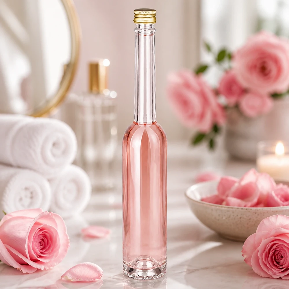 100ml Glasflasche "Toni" mit Schraubverschluss gold UNiTWIST 100ml Glasflasche Toni mit rosafarbener Flüssigkeit in Wellness-Spa-Ambiente - UNiTWIST Goldverschluss zwischen Rosen