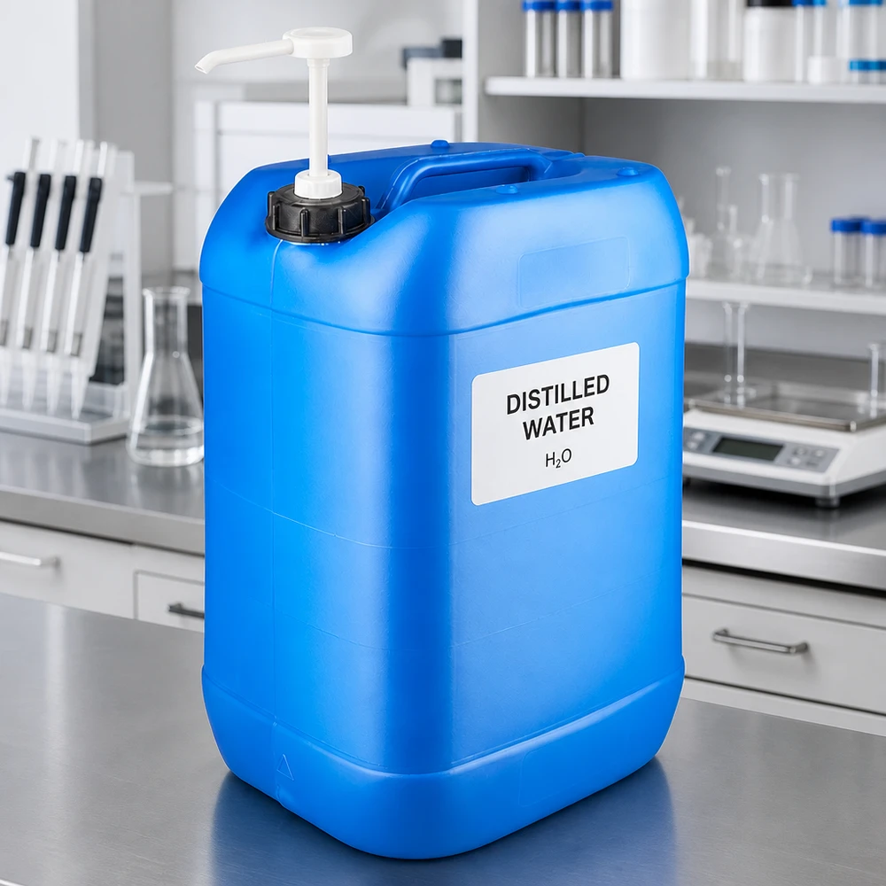 Kanystr 25 litrů modrý s dávkovacím čerpadlem Stabiler blauer Industriekanister 25L mit Pumpe zur sicheren Entnahme von destilliertem Wasser