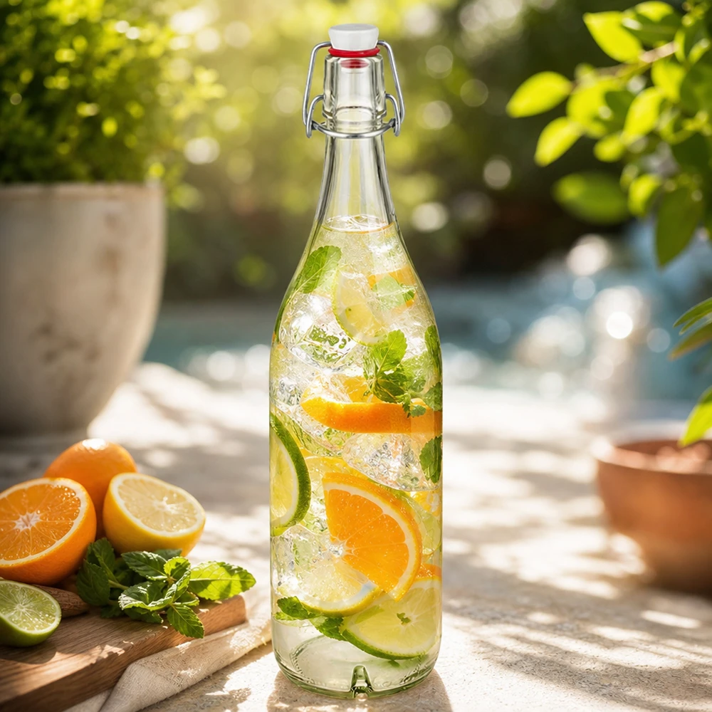 Skleněná láhev o objemu 1000 ml + otočný porcelánový vršek UNiTWIST 1000ml Glasflasche mit Bügelverschluss gefüllt mit Zitruspunsch Orange Limette Minze auf sonniger Terrasse