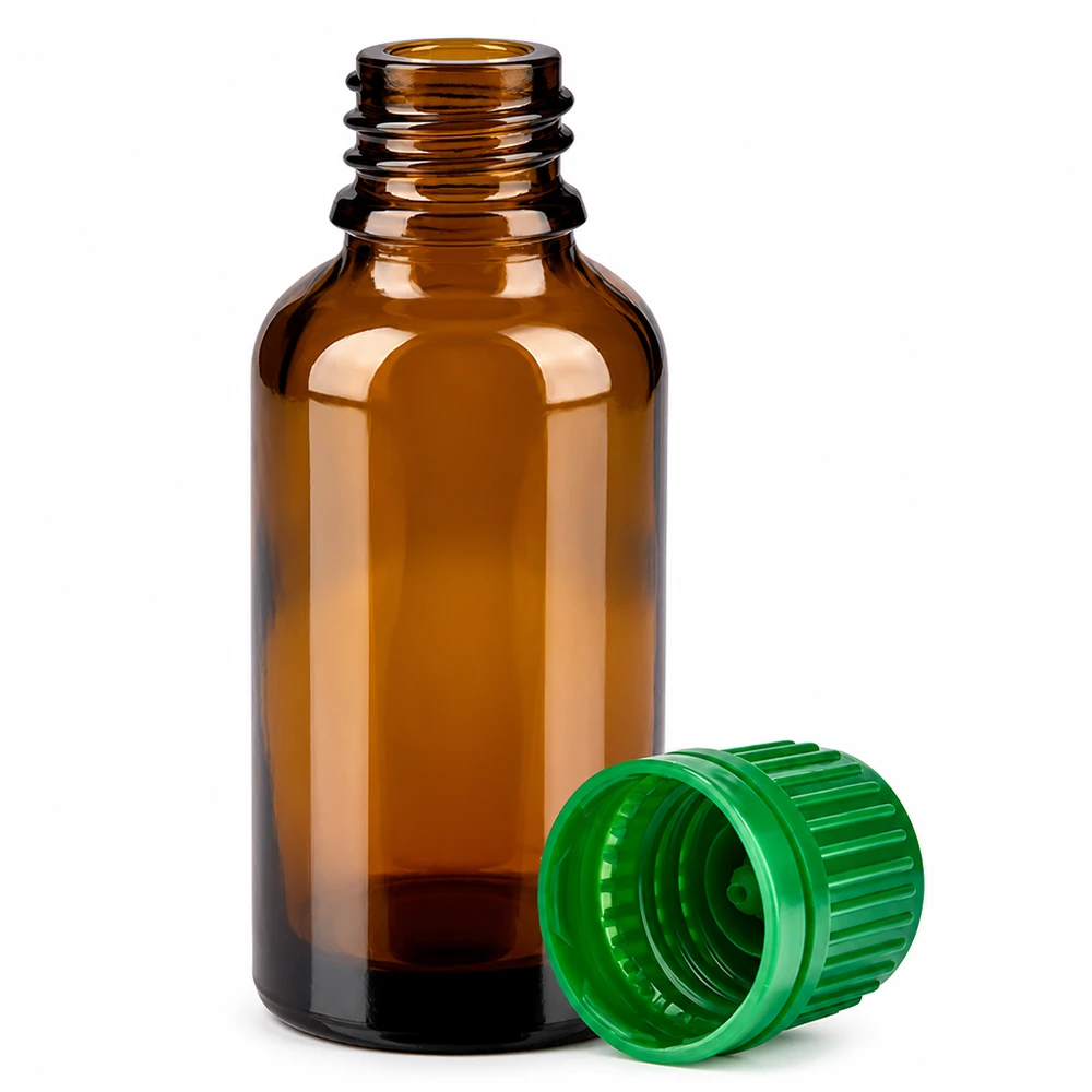 30ml láhev 11mm šroubovací uzávěr zelený tamper evidentní uzávěr BrownLine UT18/30 Pharmaqualität 30ml braune Glasflasche mit auslaufsicherem grünen Gewinde für Tinkturen