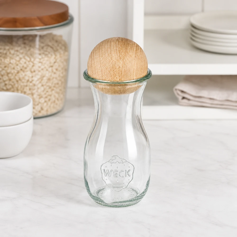 290ml láhev na džus WECK RR60 s dřevěnou kuličkou buk WECK Glasflasche 290ml RR60 mit Buche-Holzkugel in weißer Küche neben Vorratsgläsern und Geschirr-Stapel